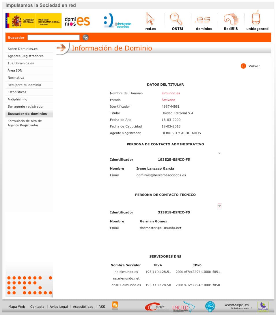 Consulta del Titular de un dominio en registro WHOIS nic.es