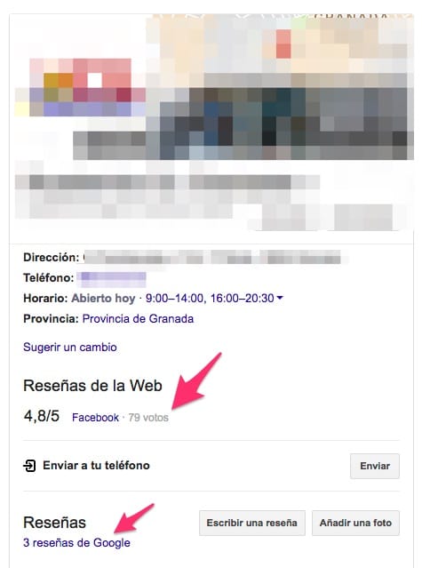 Ficha de Google Maps en el buscador