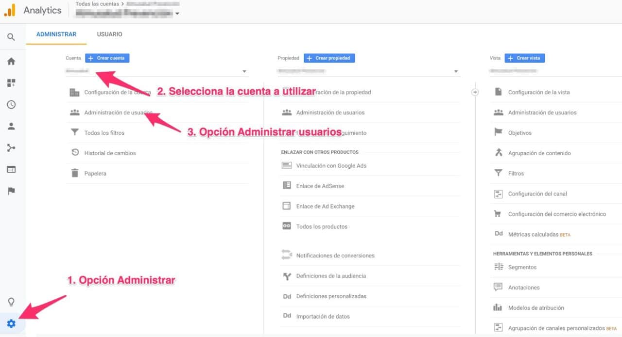 Ajustes de Google Analytics para añadir usuarios