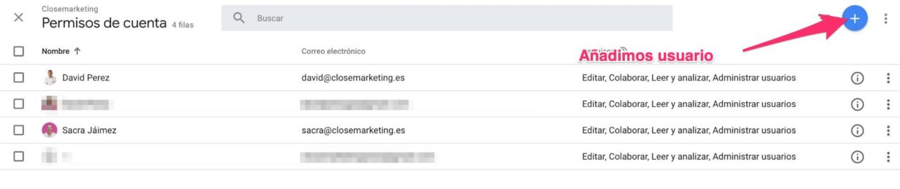 Añadir usuario en Google Analytics