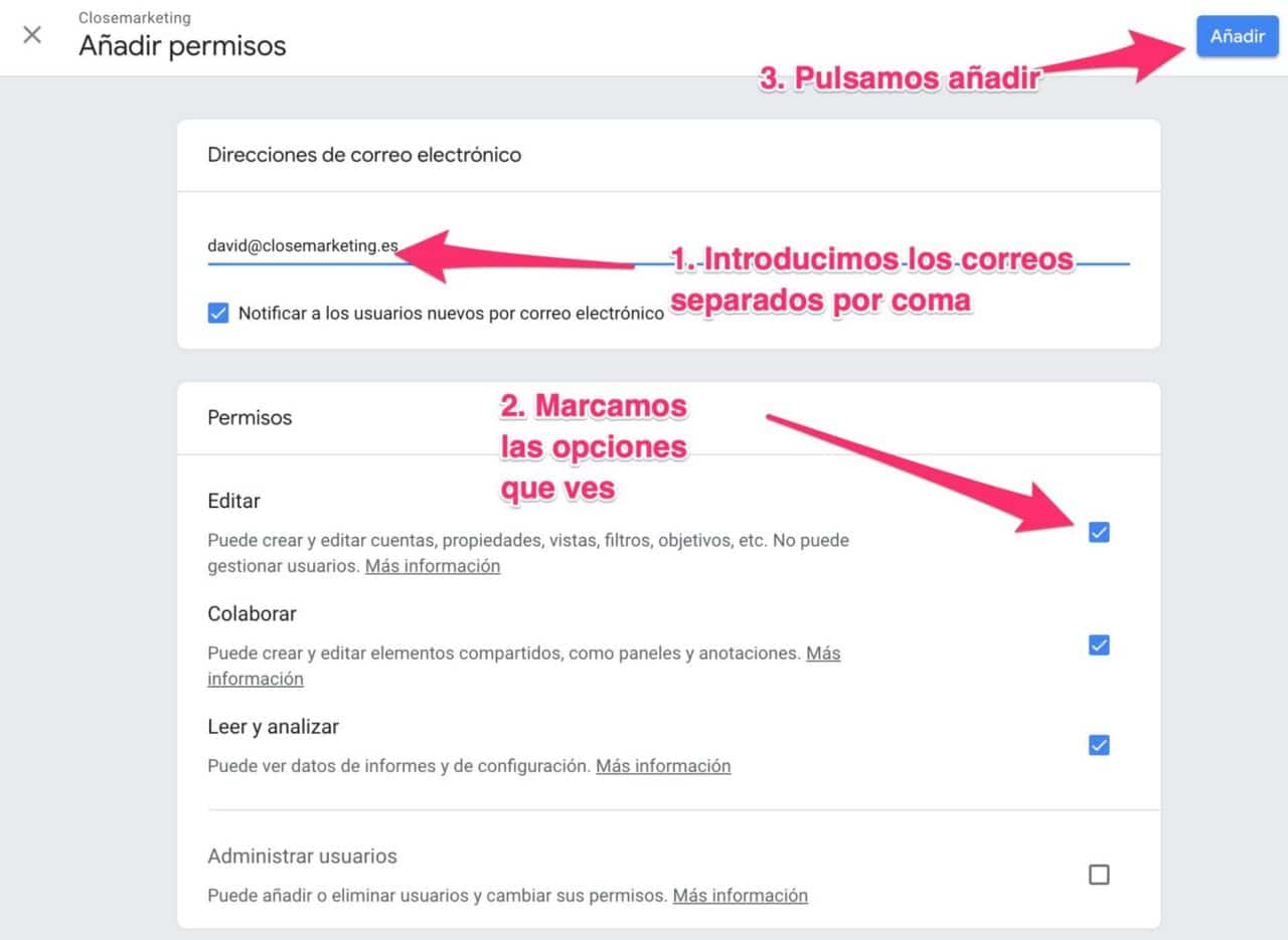 Añadir usuarios para administración Google analytics