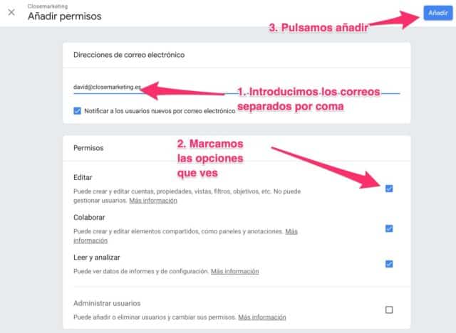Dar Permisos de Acceso a Google Analytics