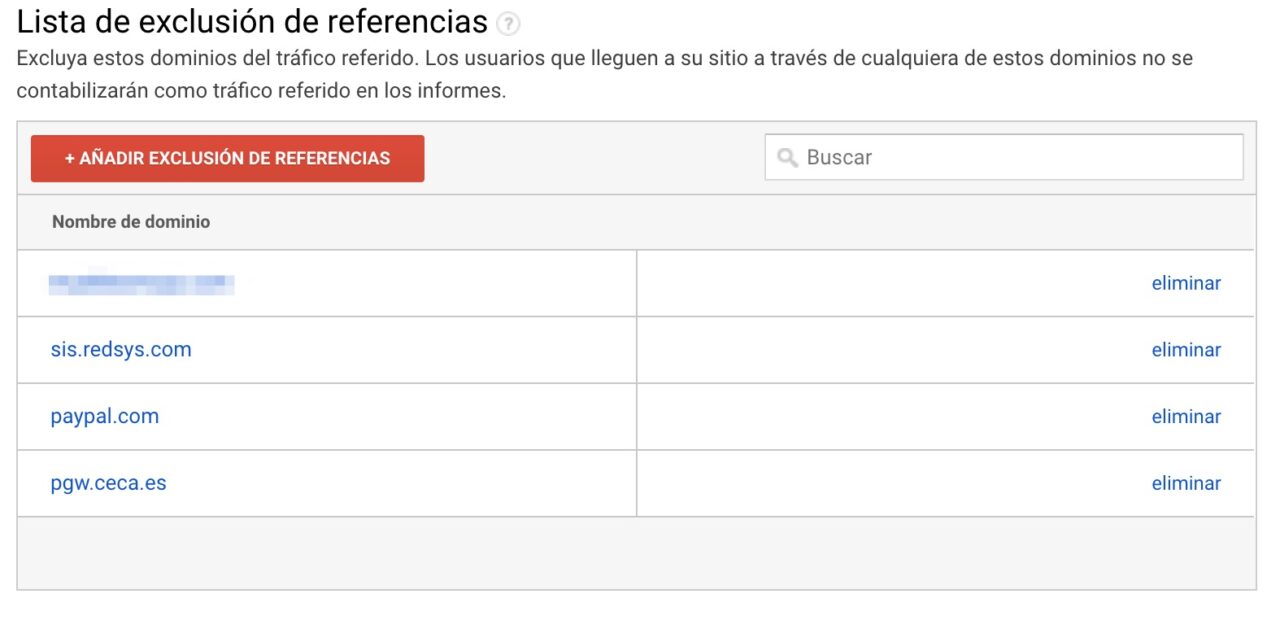 Lista Dominios Exluidos en Google Analytics para pasarelas TPV