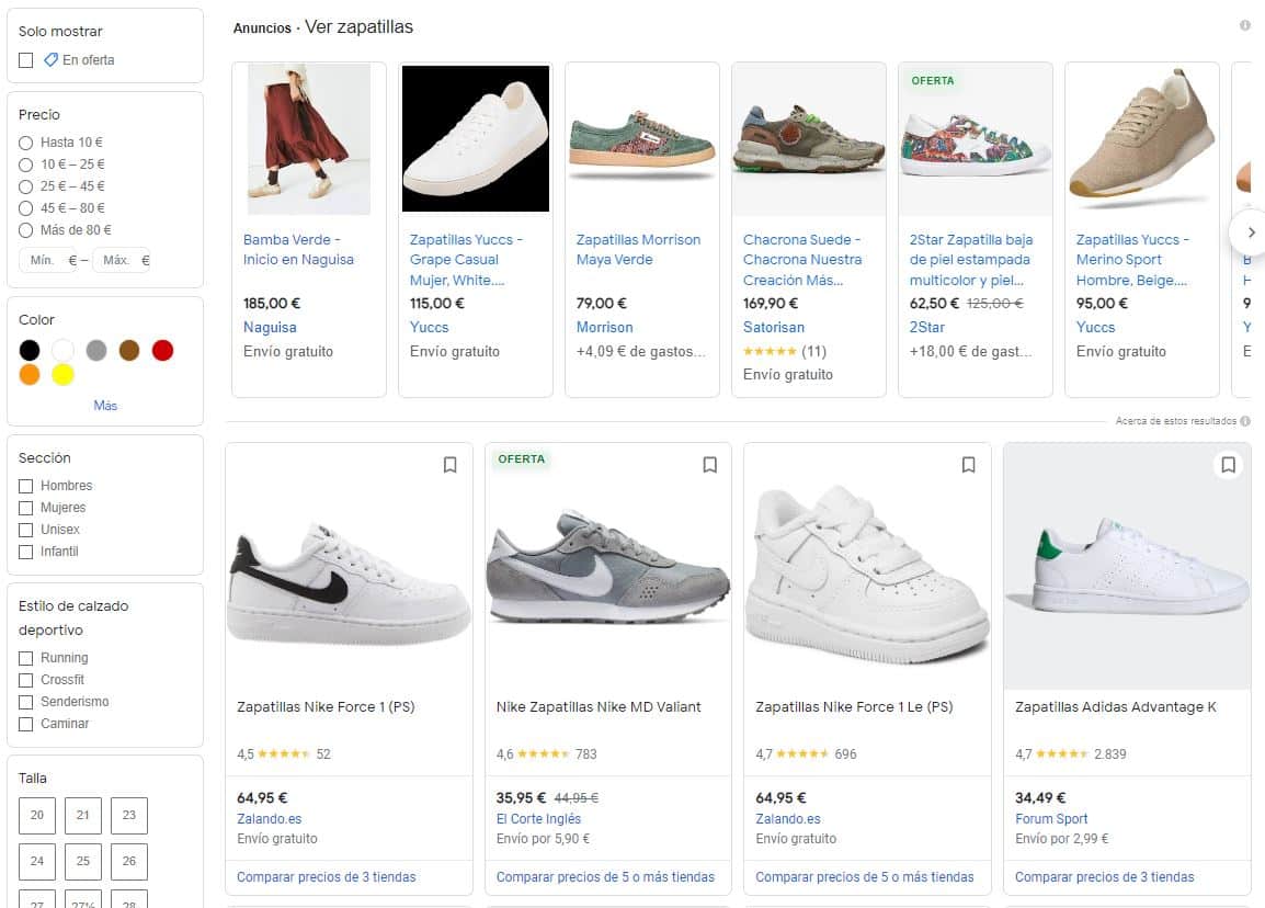 Zapatillas Shopping en google merchant center
